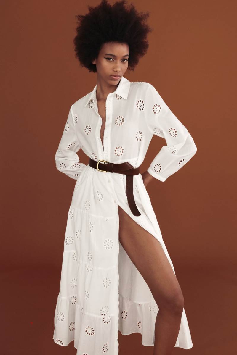 ZARA DRESS WITH CUTWORK EMBROIDERY AND BAG Klänning Dam Vita | HWUSL-1306