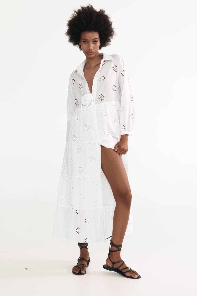 ZARA DRESS WITH CUTWORK EMBROIDERY AND BAG Klänning Dam Vita | HWUSL-1306