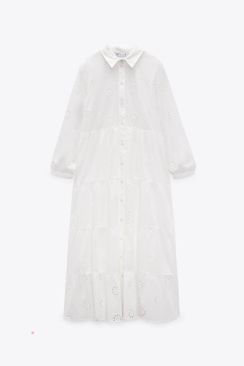ZARA DRESS WITH CUTWORK EMBROIDERY AND BAG Klänning Dam Vita | HWUSL-1306