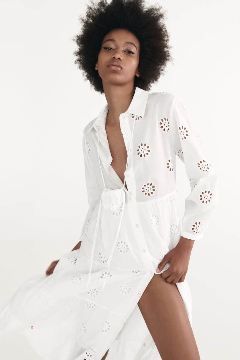 ZARA DRESS WITH CUTWORK EMBROIDERY AND BAG Klänning Dam Vita | HWUSL-1306