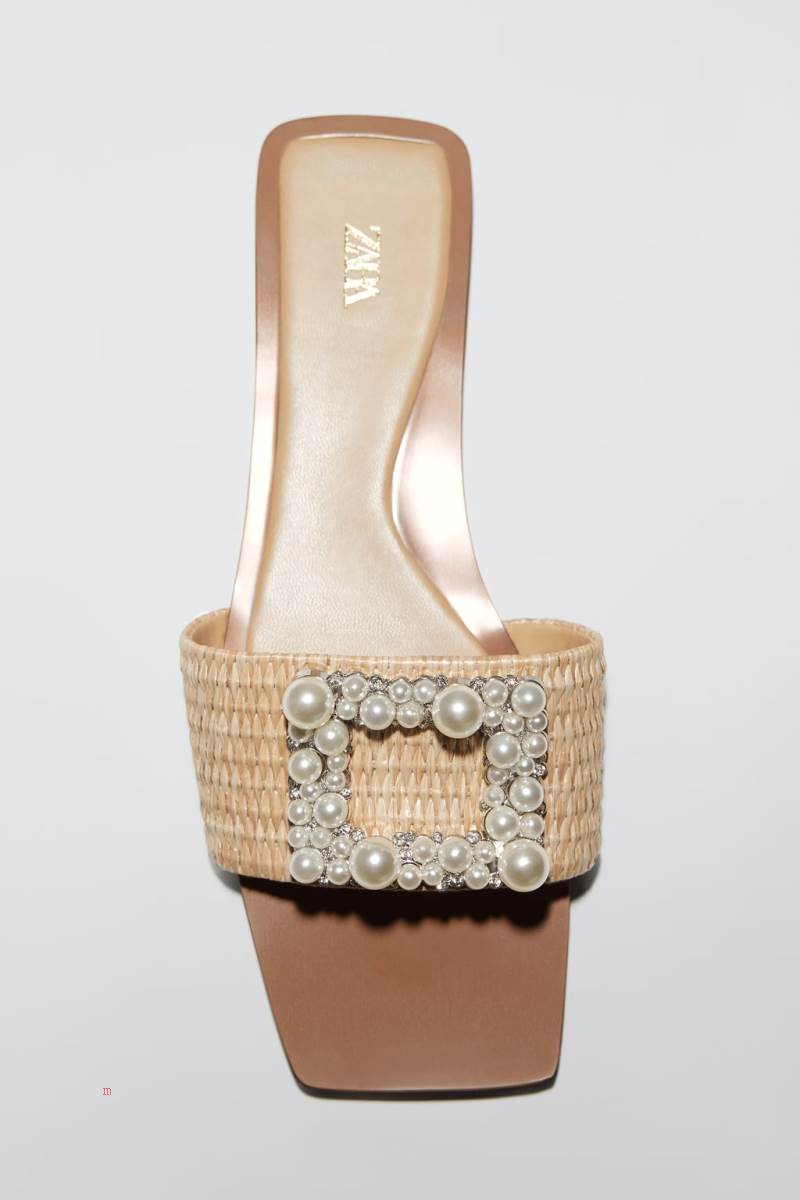 ZARA EMBELLISHED FLAT SLIDER Sandaler Dam Beige | RQZEU-1328