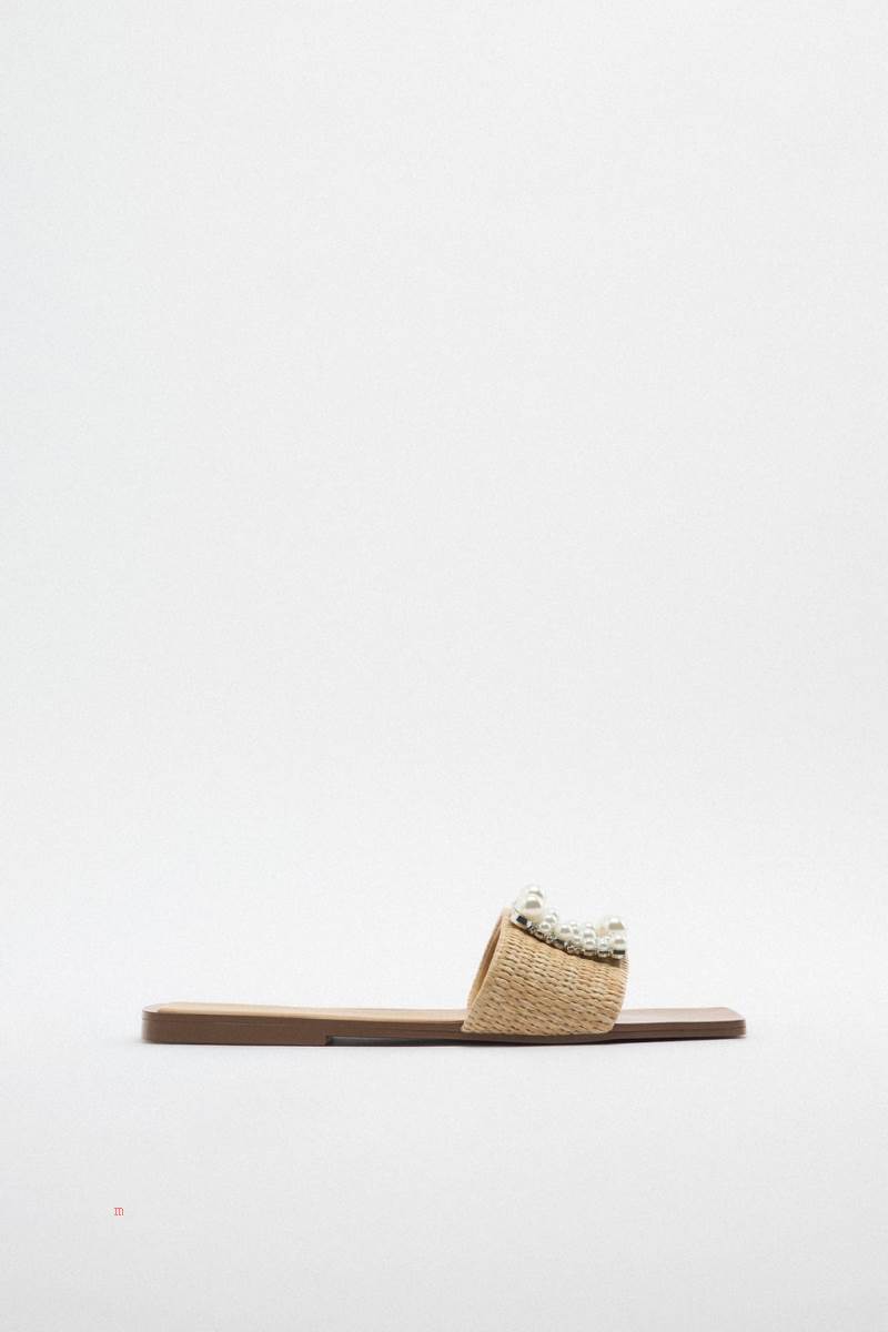 ZARA EMBELLISHED FLAT SLIDER Sandaler Dam Beige | RQZEU-1328