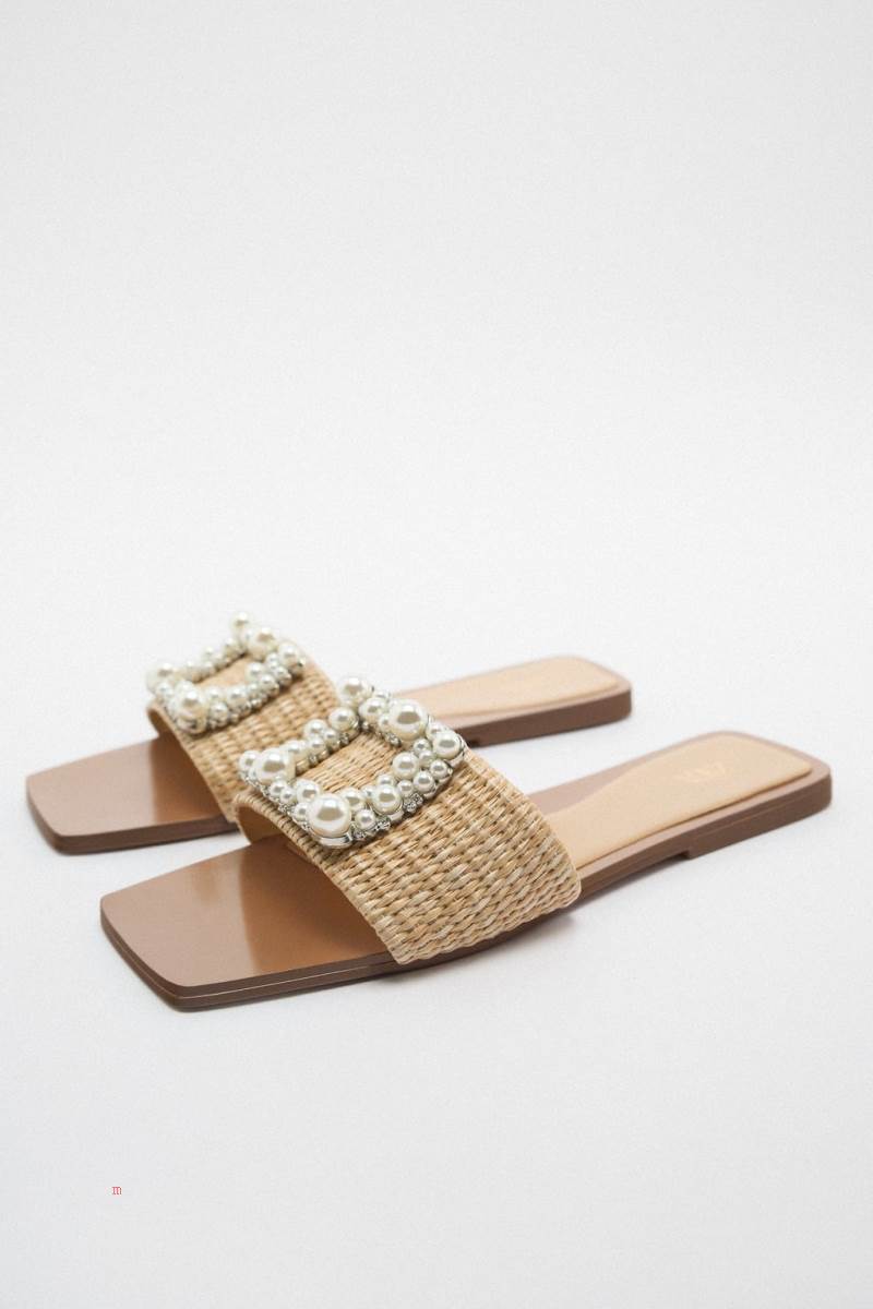 ZARA EMBELLISHED FLAT SLIDER Sandaler Dam Beige | RQZEU-1328