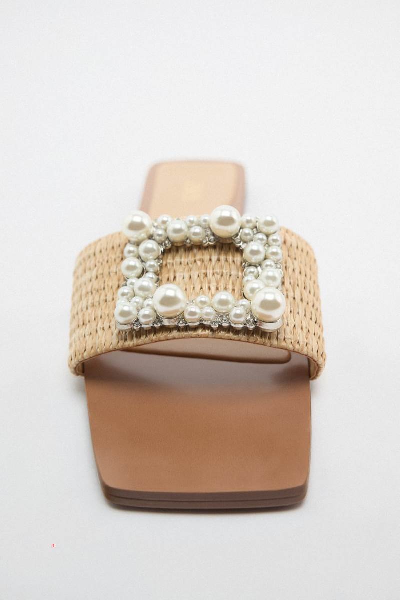 ZARA EMBELLISHED FLAT SLIDER Sandaler Dam Beige | RQZEU-1328