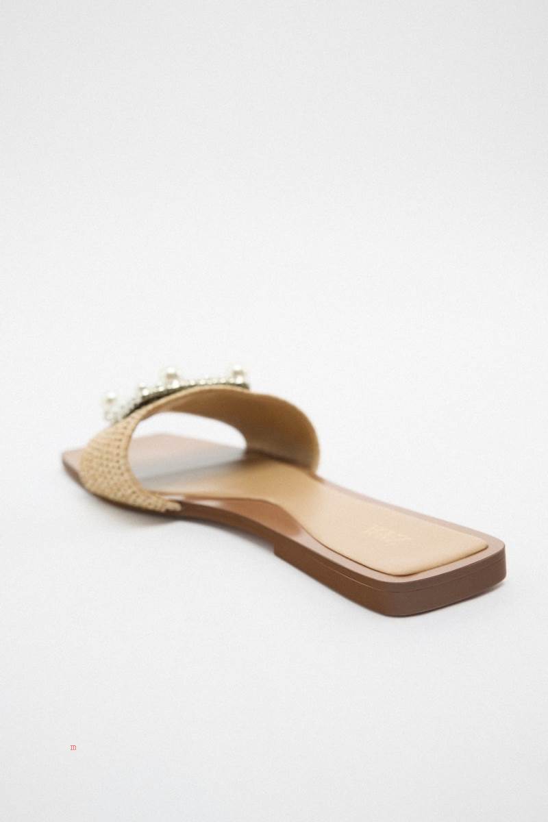ZARA EMBELLISHED FLAT SLIDER Sandaler Dam Beige | RQZEU-1328