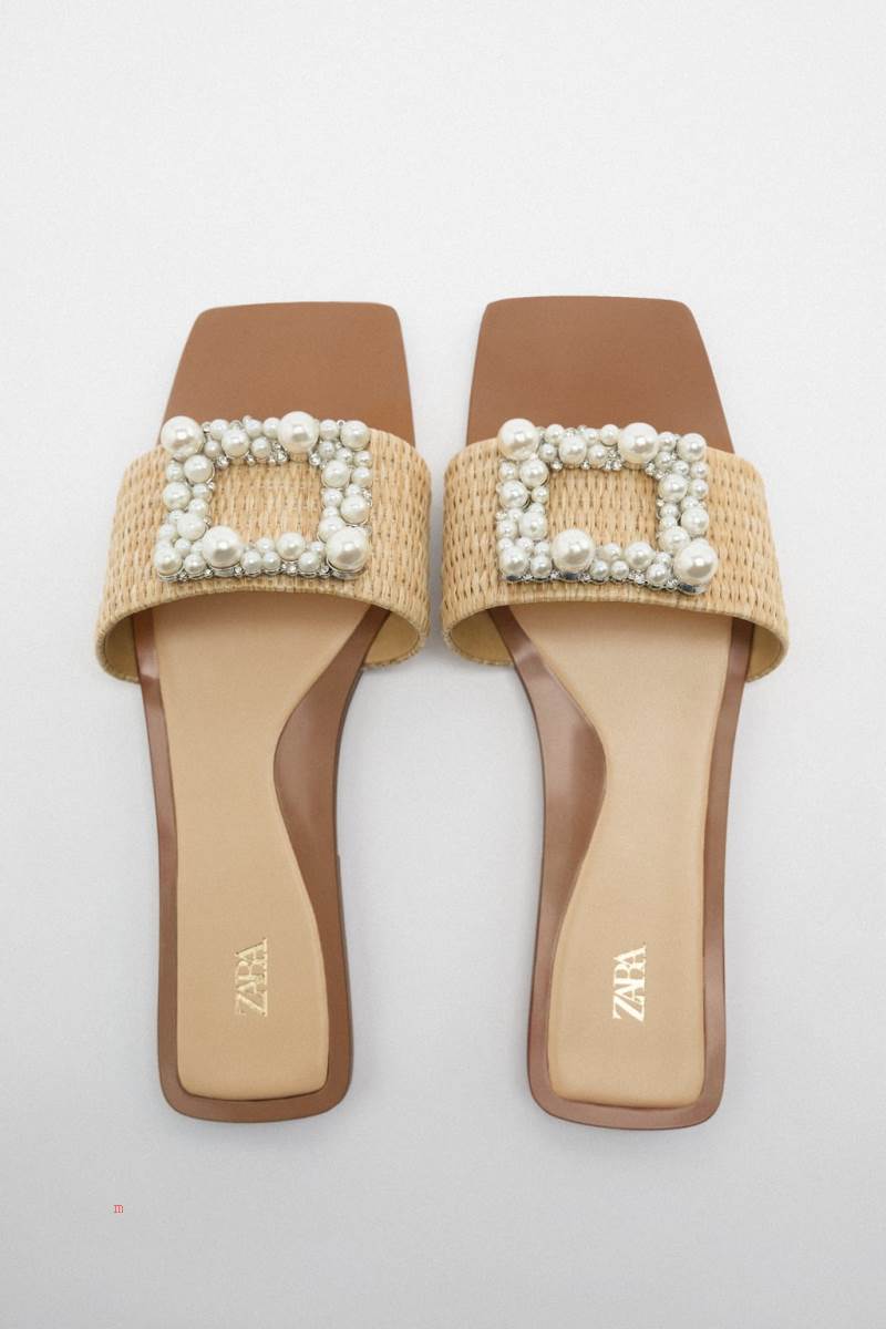ZARA EMBELLISHED FLAT SLIDER Sandaler Dam Beige | RQZEU-1328
