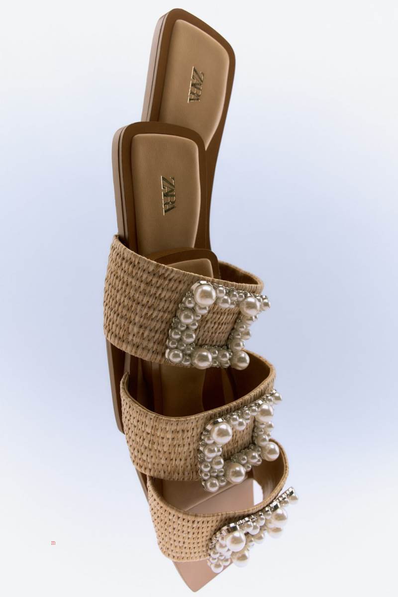 ZARA EMBELLISHED FLAT SLIDER Sandaler Dam Beige | RQZEU-1328