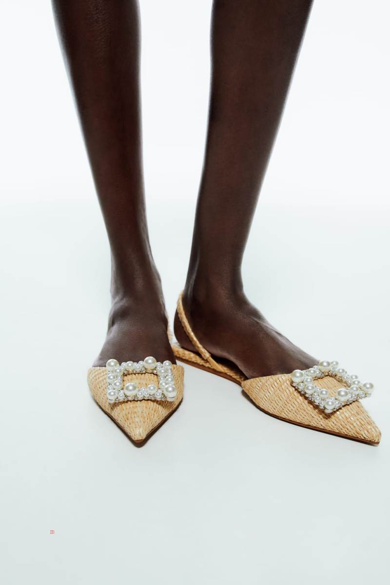 ZARA EMBELLISHED FLAT SLINGBACK Platta Skor Dam Beige | MEZAU-4615