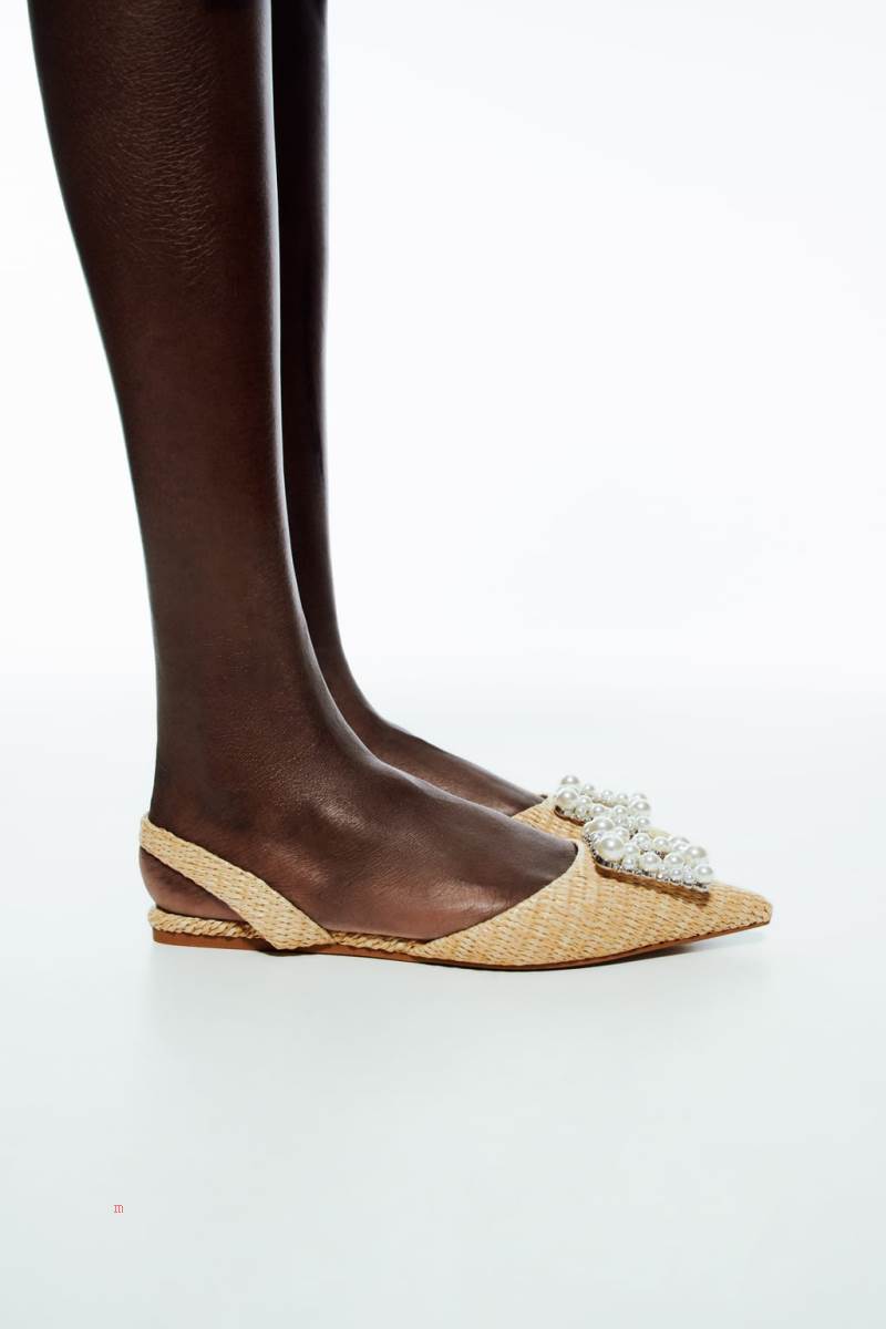 ZARA EMBELLISHED FLAT SLINGBACK Platta Skor Dam Beige | MEZAU-4615