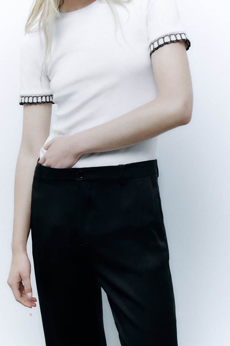 ZARA EMBELLISHED TRIM T-shirt Dam Svarta | QIWJK-6429