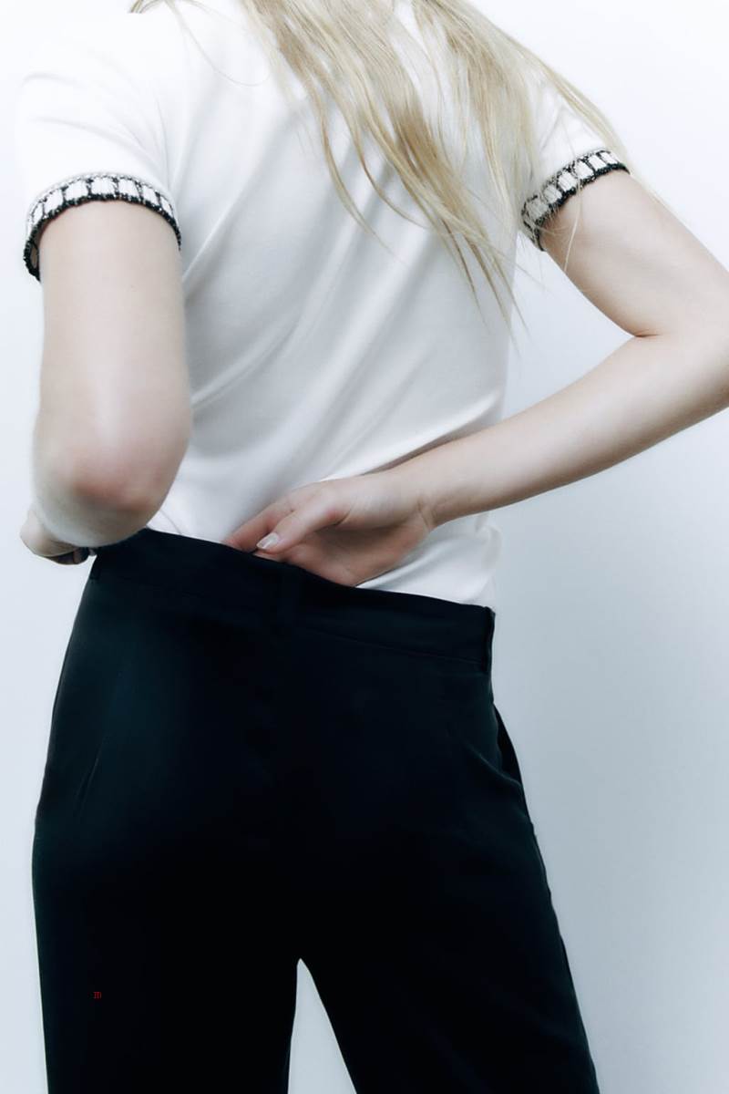 ZARA EMBELLISHED TRIM T-shirt Dam Svarta | QIWJK-6429