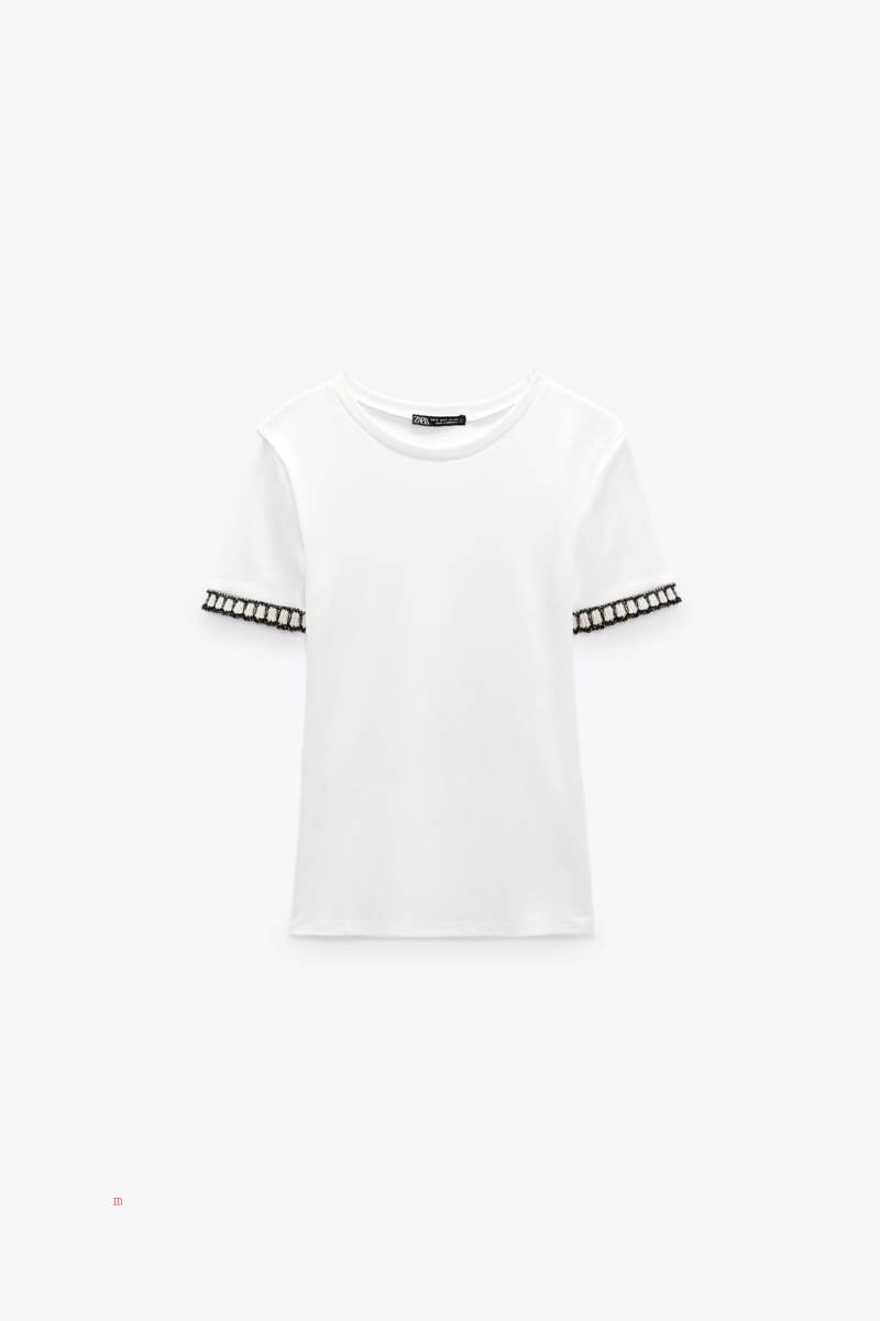 ZARA EMBELLISHED TRIM T-shirt Dam Svarta | QIWJK-6429