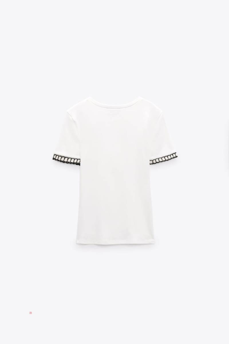 ZARA EMBELLISHED TRIM T-shirt Dam Svarta | QIWJK-6429