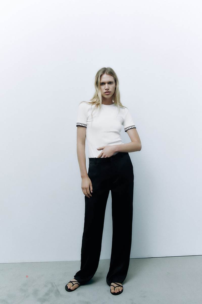 ZARA EMBELLISHED TRIM T-shirt Dam Svarta | QIWJK-6429