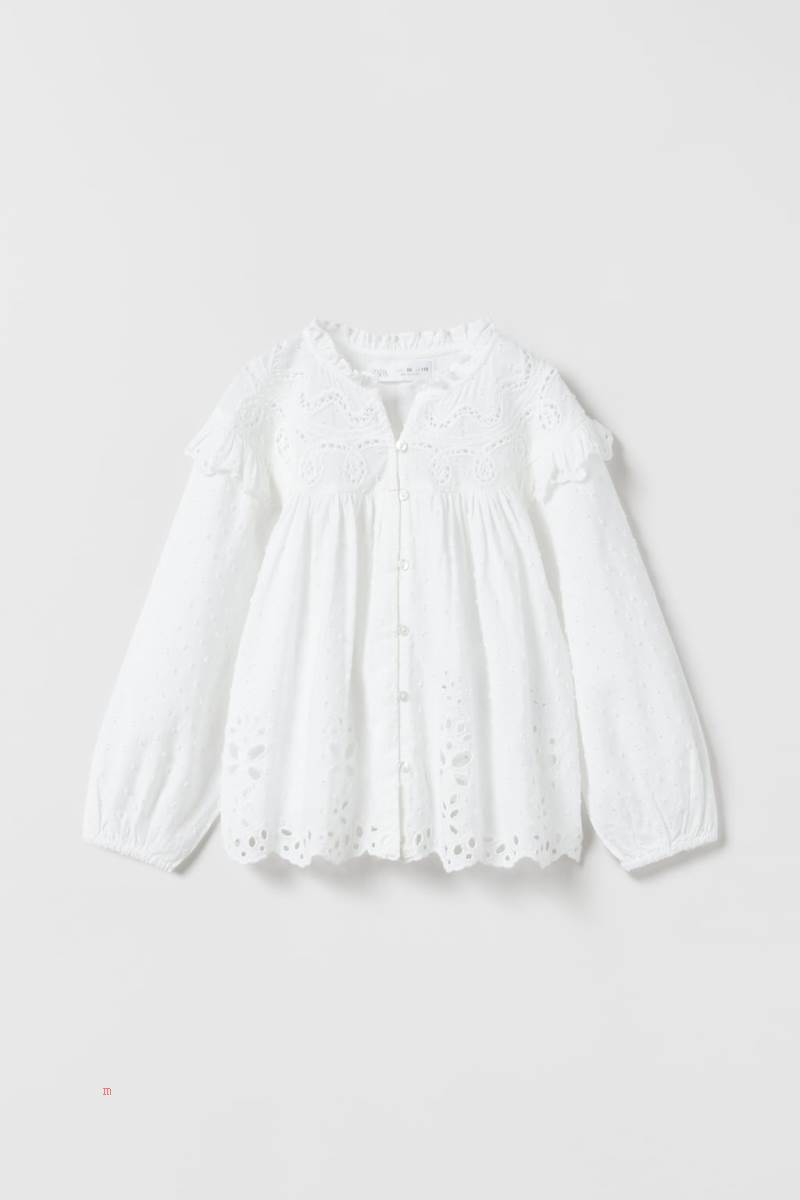 ZARA EMBROIDERED PLUMETIS Blusar Tjej Vita | YJFLI-0195
