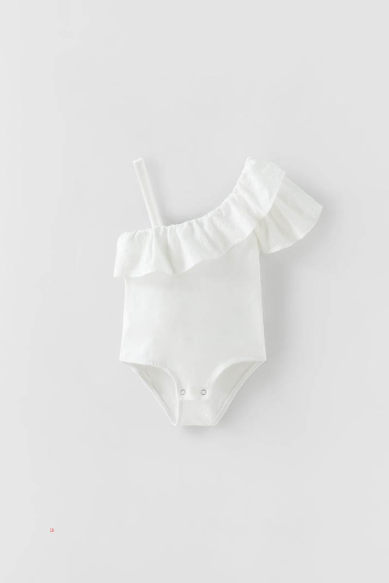 ZARA EMBROIDERED RUFFLED ASYMMETRIC Bodysuit Tjej Vita | XDWHJ-4537