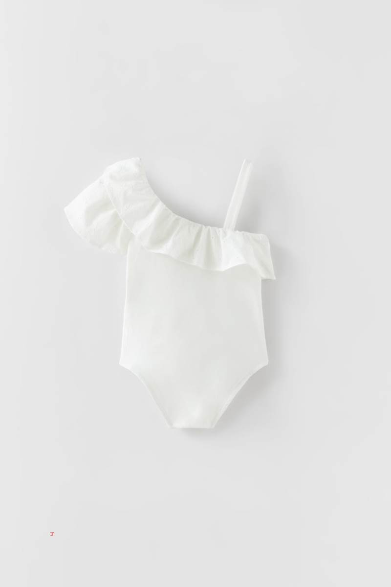 ZARA EMBROIDERED RUFFLED ASYMMETRIC Bodysuit Tjej Vita | XDWHJ-4537