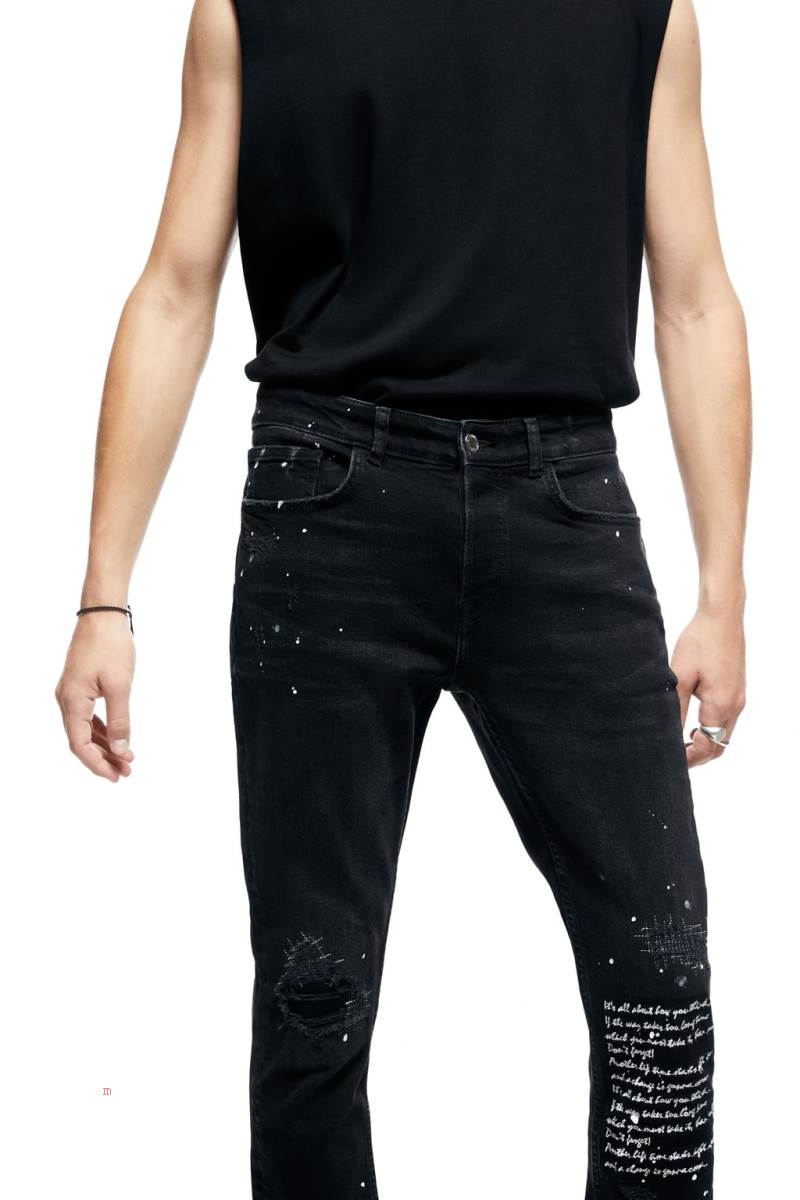 ZARA EMBROIDERED SKINNY Jeans Herr Svarta | NUDHS-5164