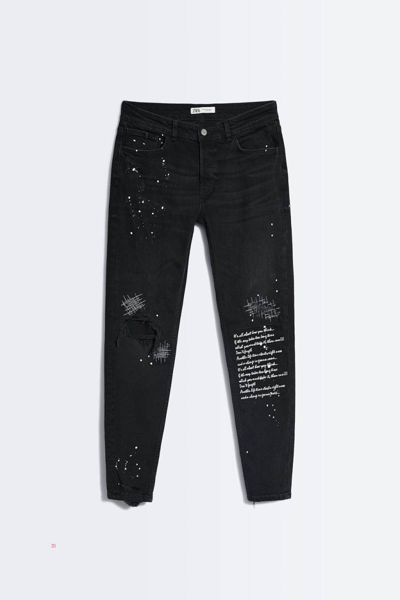 ZARA EMBROIDERED SKINNY Jeans Herr Svarta | NUDHS-5164