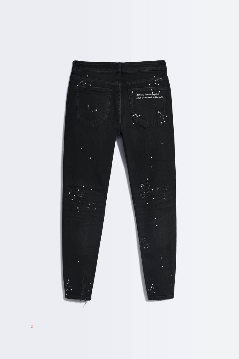 ZARA EMBROIDERED SKINNY Jeans Herr Svarta | NUDHS-5164