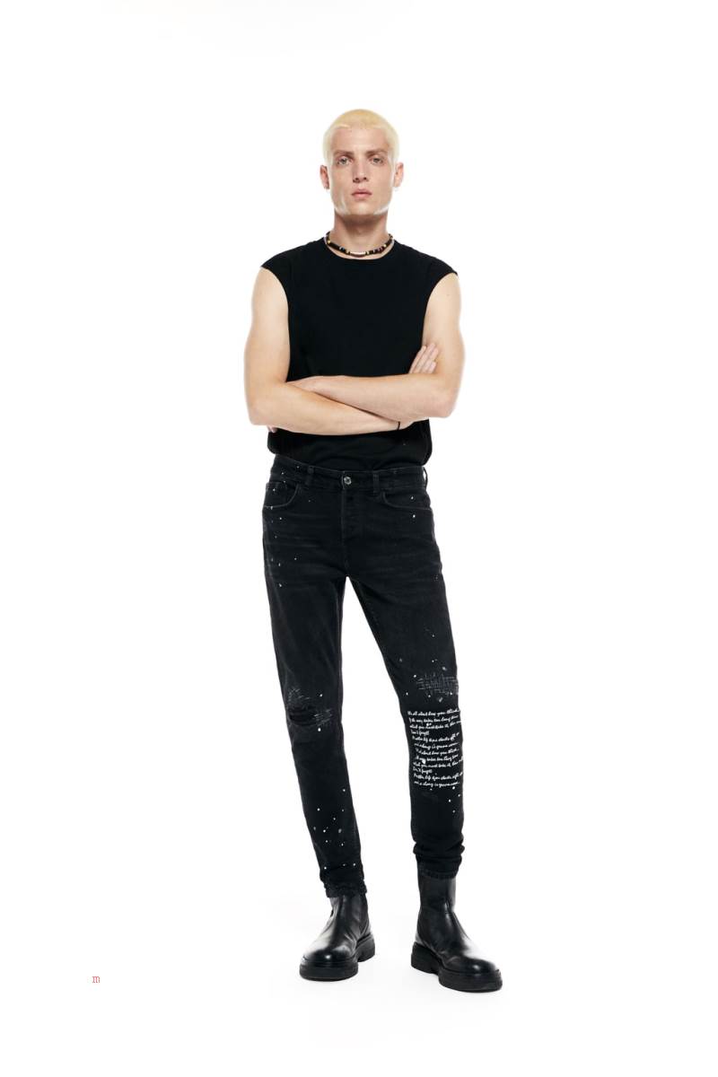 ZARA EMBROIDERED SKINNY Jeans Herr Svarta | NUDHS-5164