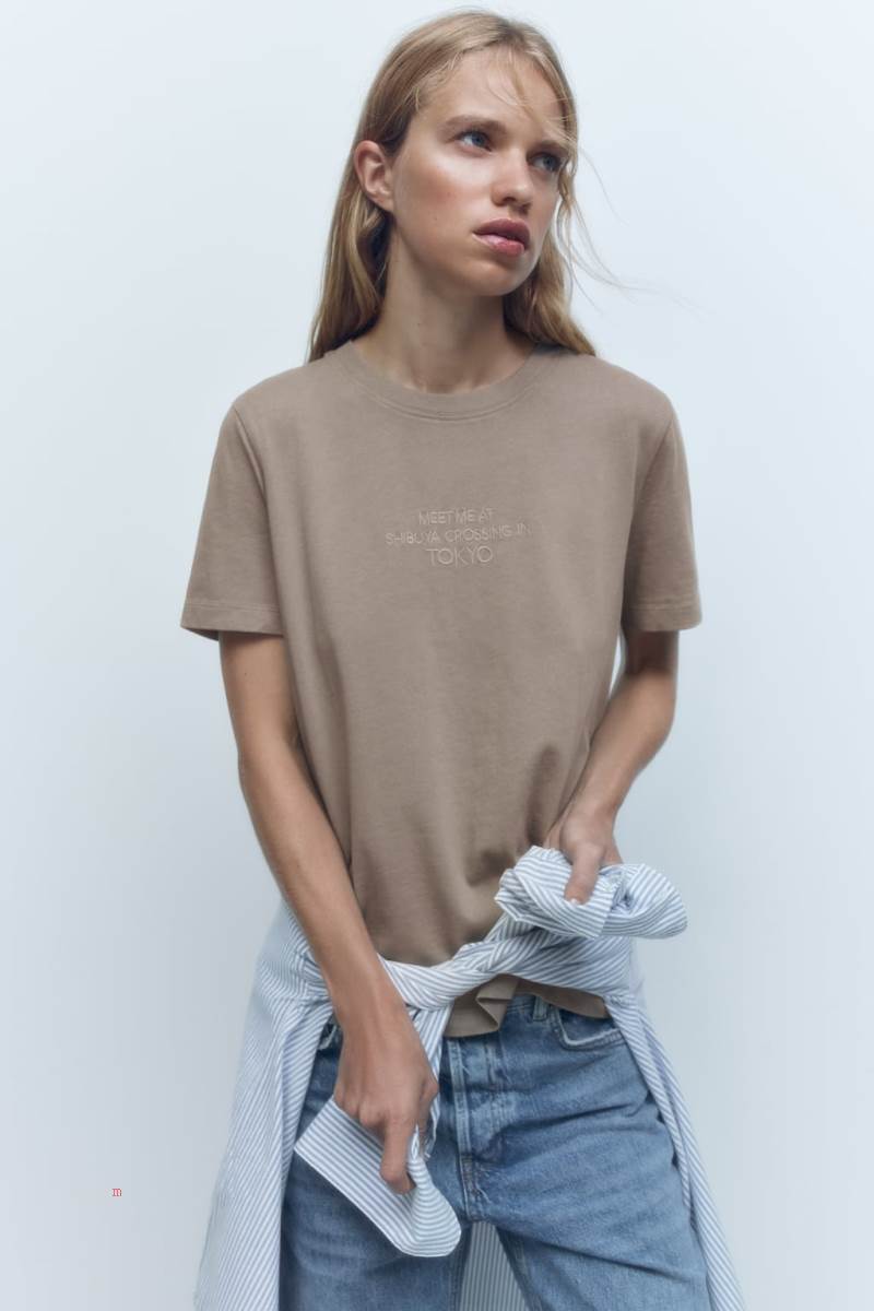 ZARA EMBROIDERED SLOGAN T-shirt Dam Grå | MNDZG-6527