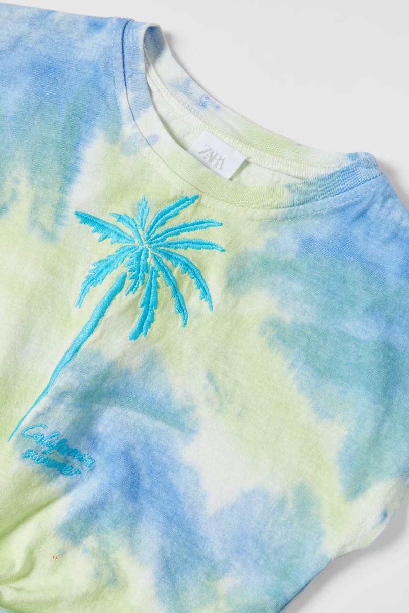 ZARA EMBROIDERED TIE-DYE T-shirt Tjej Blå Gröna | HUZFN-2193
