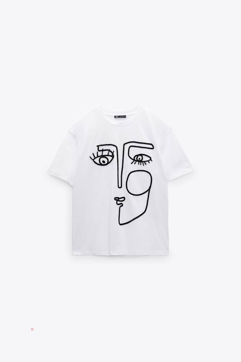 ZARA EMBROIDERED T-shirt Dam Vita | SFDTB-4197