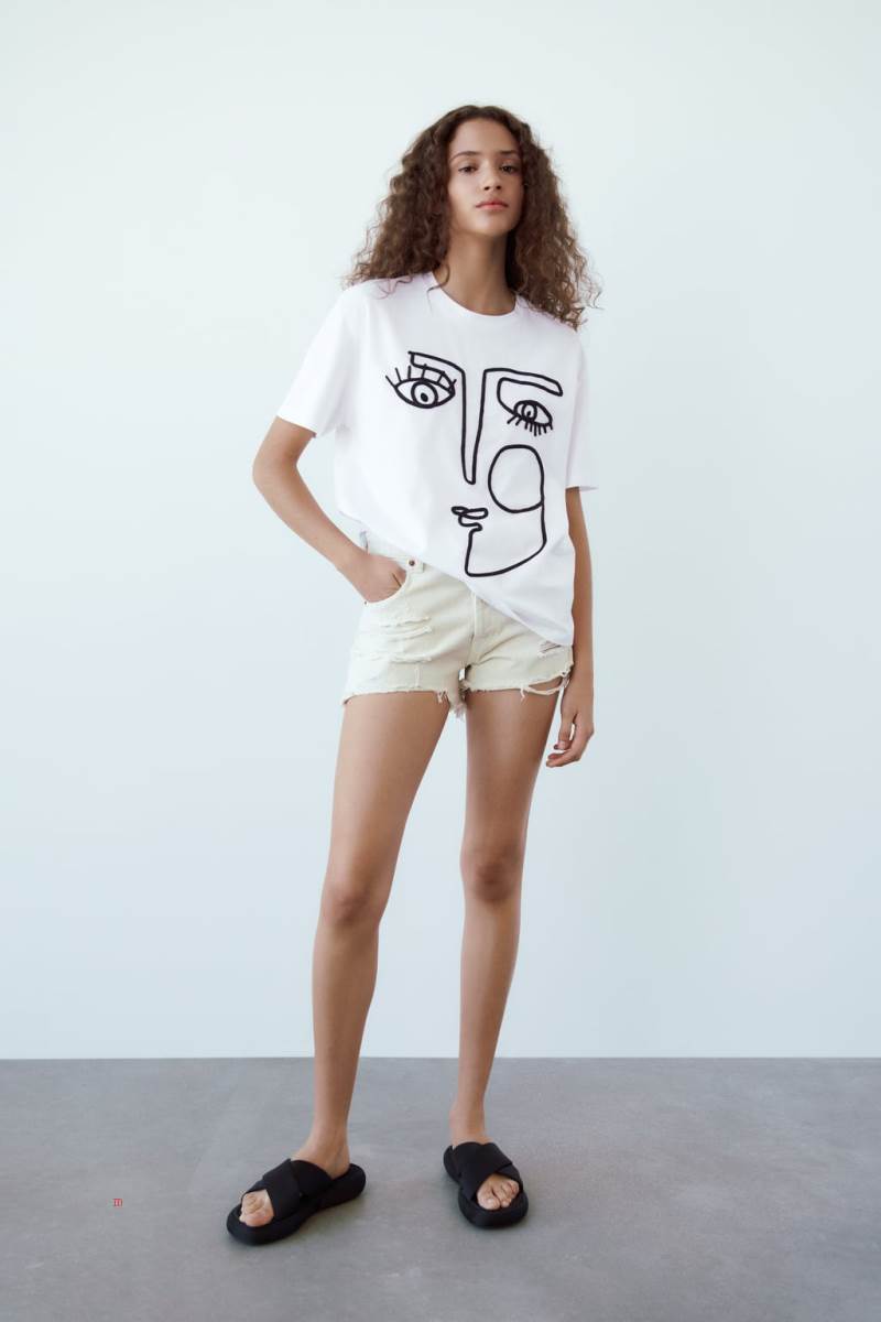 ZARA EMBROIDERED T-shirt Dam Vita | SFDTB-4197
