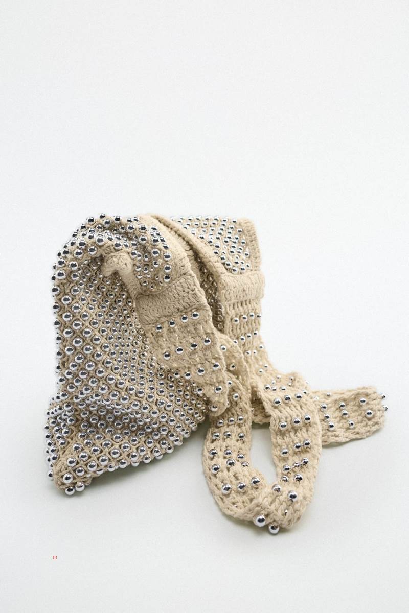 ZARA FABRIC WITH SMALL BALL DETAILS Toteväska Dam Beige | OPDEQ-3901