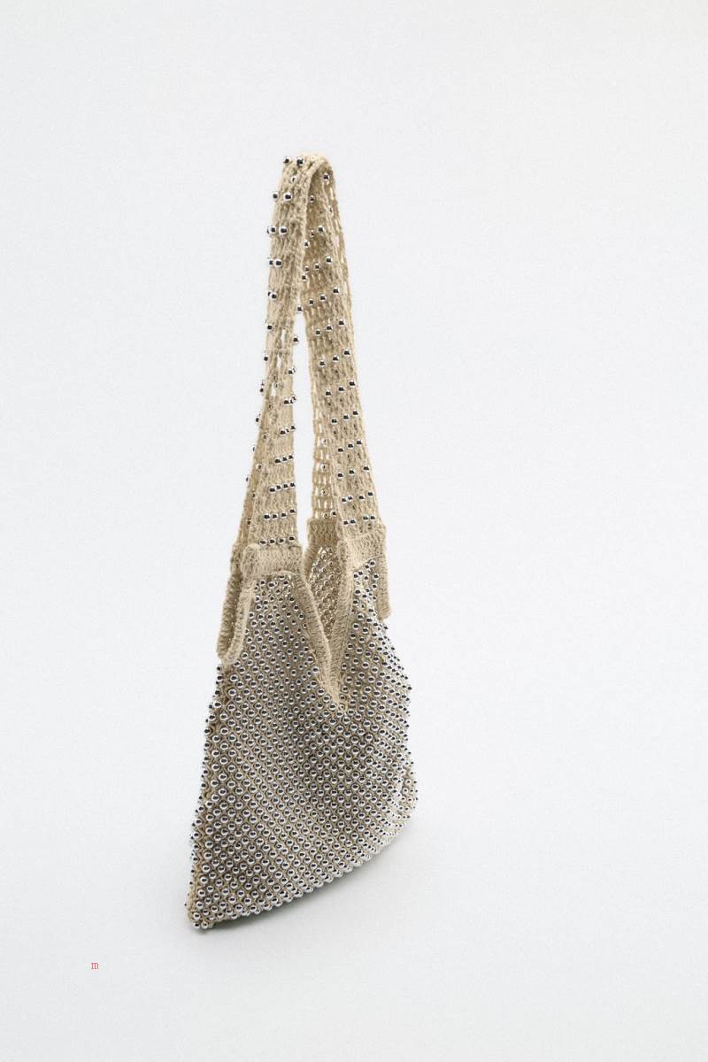 ZARA FABRIC WITH SMALL BALL DETAILS Toteväska Dam Beige | OPDEQ-3901