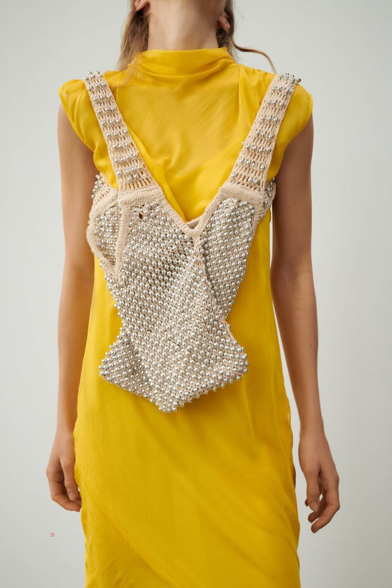 ZARA FABRIC WITH SMALL BALL DETAILS Toteväska Dam Beige | OPDEQ-3901