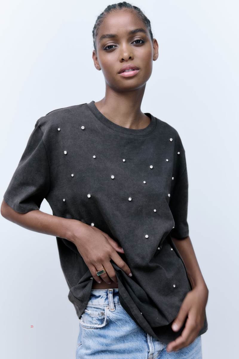 ZARA FADED RHINESTONE T-shirt Dam Mörkgrå | UYFTW-1420