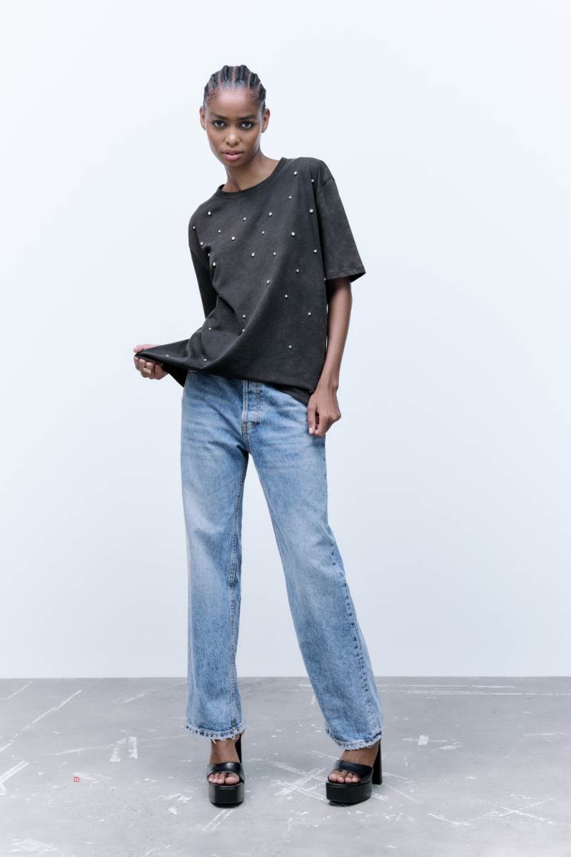 ZARA FADED RHINESTONE T-shirt Dam Mörkgrå | UYFTW-1420