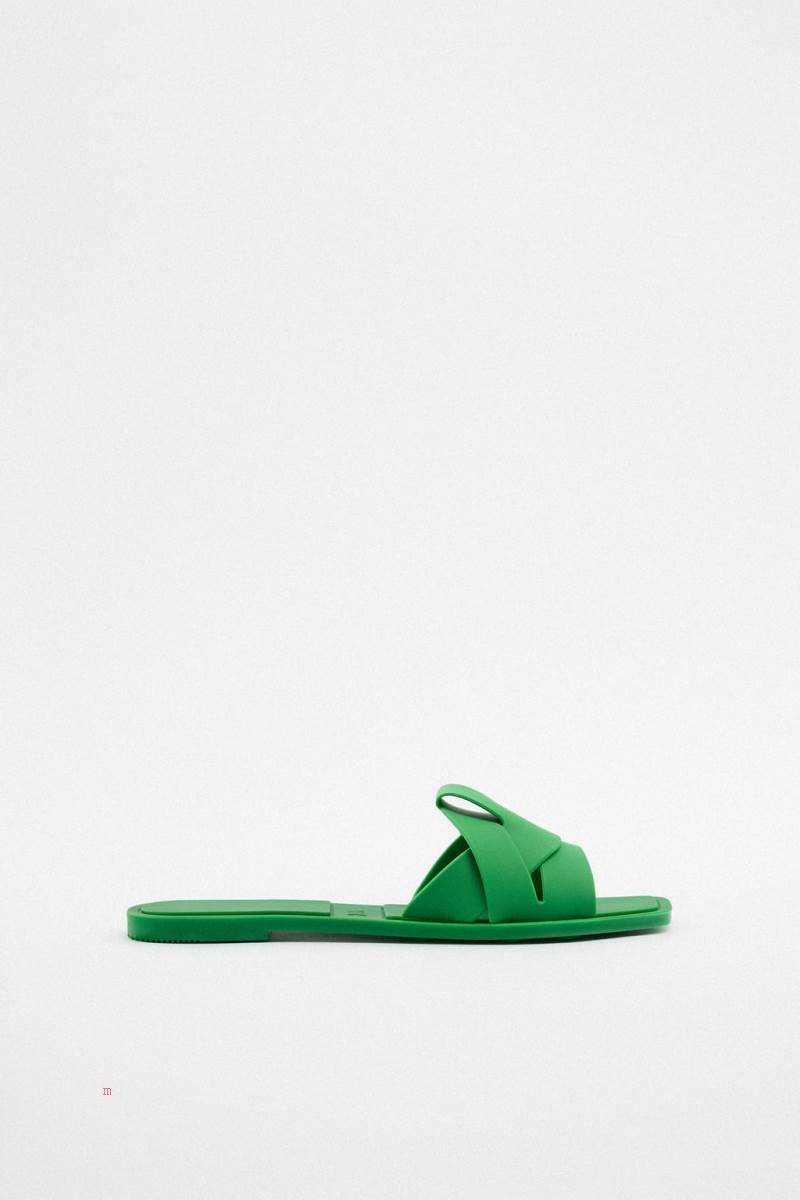 ZARA FLAT CRISS-CROSS RUBBERISED SLIDER Sandaler Dam Gröna | YXQNK-5492