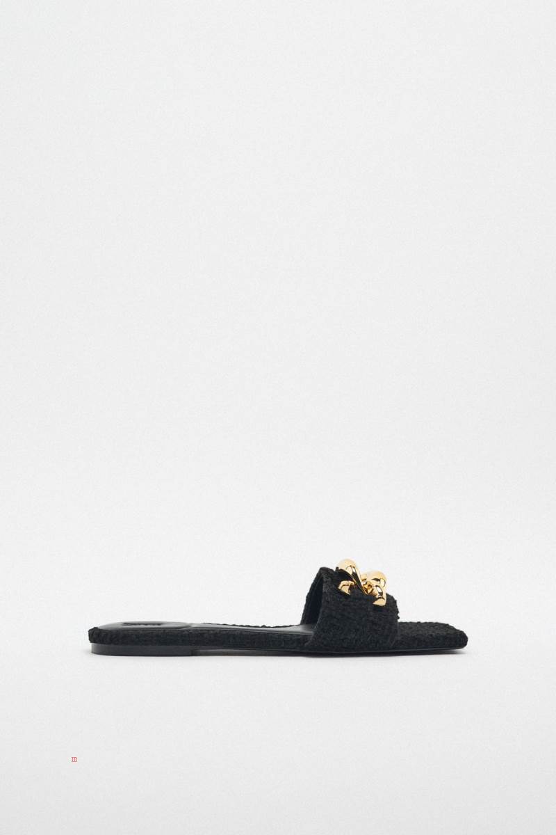 ZARA FLAT FABRIC SLIDER WITH CHAIN Sandaler Dam Svarta | KYIAZ-3741