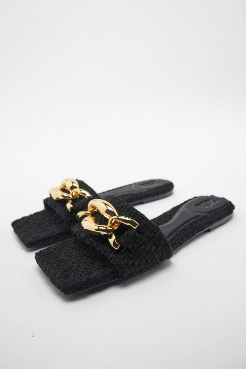 ZARA FLAT FABRIC SLIDER WITH CHAIN Sandaler Dam Svarta | KYIAZ-3741