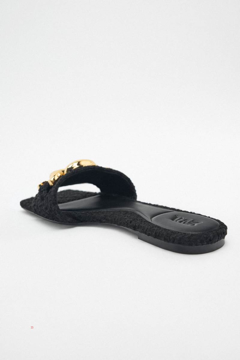 ZARA FLAT FABRIC SLIDER WITH CHAIN Sandaler Dam Svarta | KYIAZ-3741