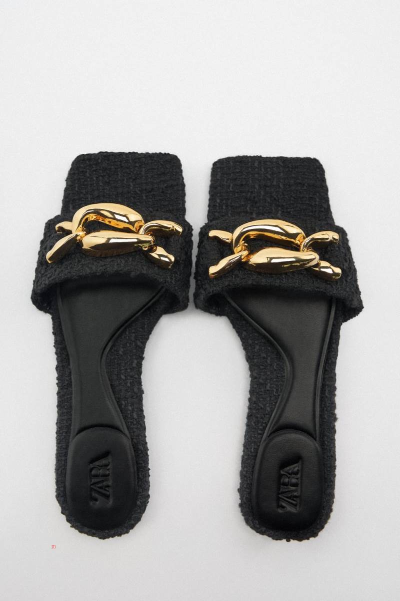 ZARA FLAT FABRIC SLIDER WITH CHAIN Sandaler Dam Svarta | KYIAZ-3741
