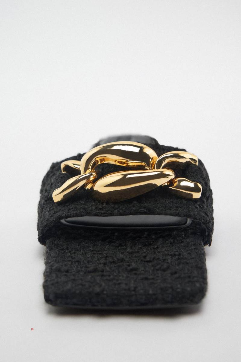 ZARA FLAT FABRIC SLIDER WITH CHAIN Sandaler Dam Svarta | KYIAZ-3741