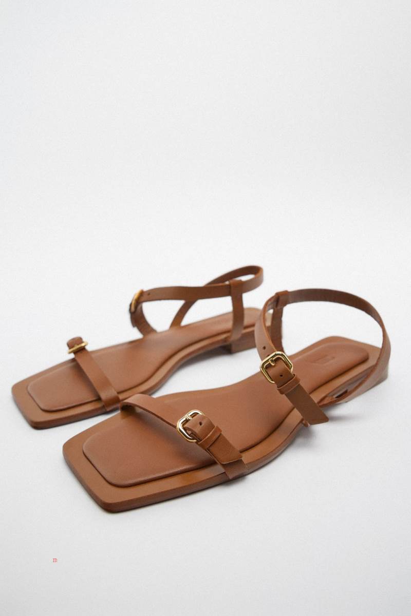 ZARA FLAT LEATHER SLIDER Sandaler Dam Bruna | MHSKF-6958