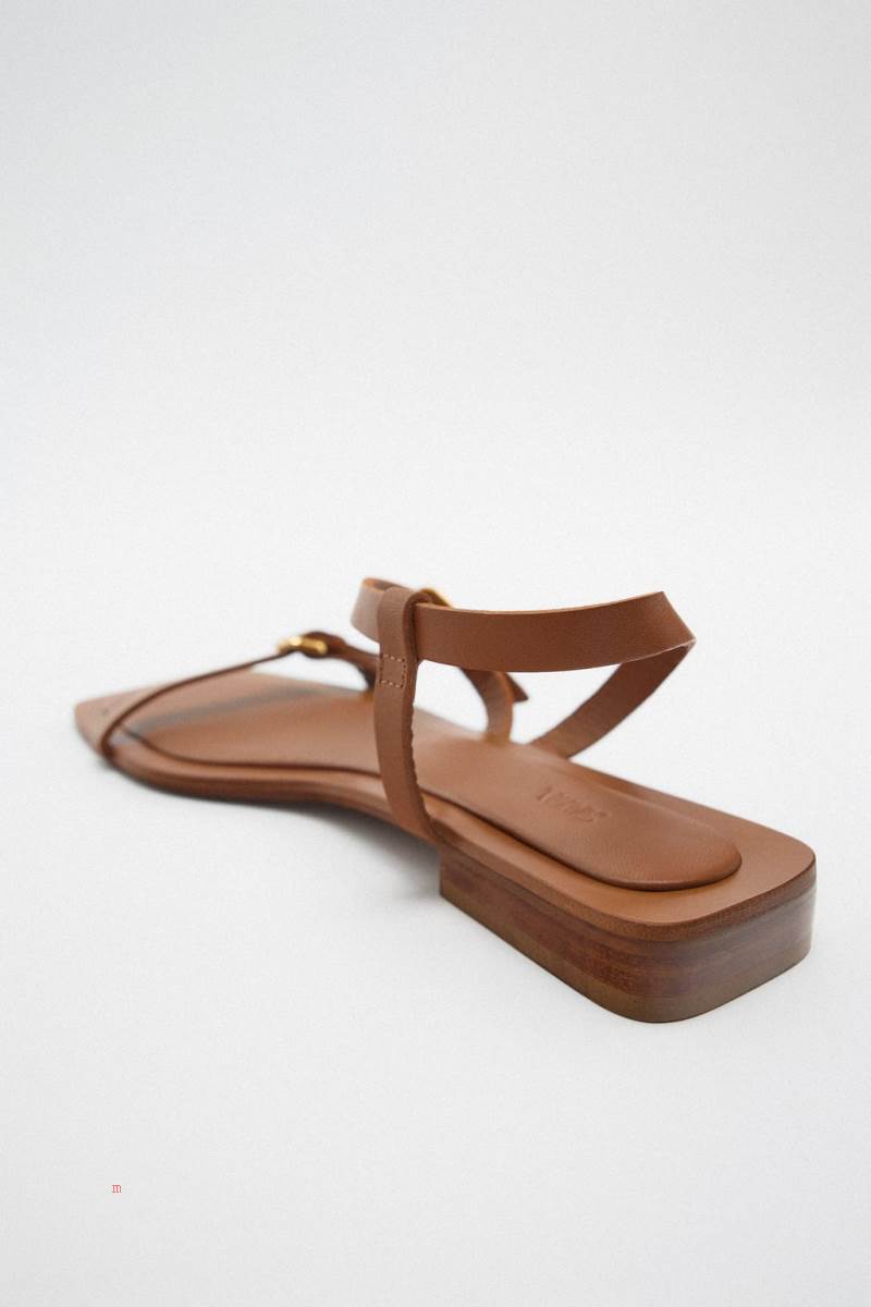 ZARA FLAT LEATHER SLIDER Sandaler Dam Bruna | MHSKF-6958