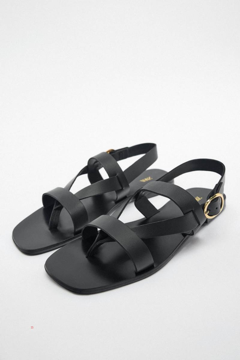 ZARA FLAT LEATHER SLIDER Sandaler Dam Svarta | REOGQ-4638