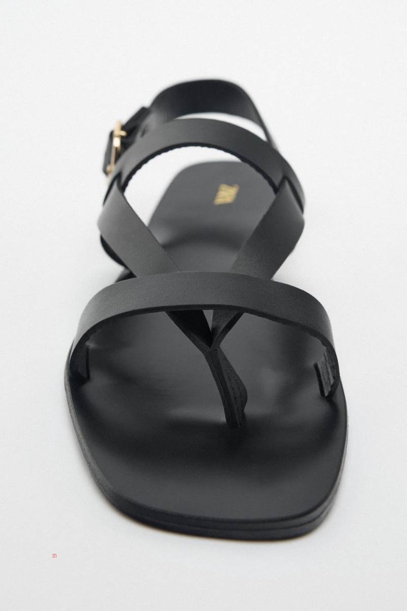 ZARA FLAT LEATHER SLIDER Sandaler Dam Svarta | REOGQ-4638