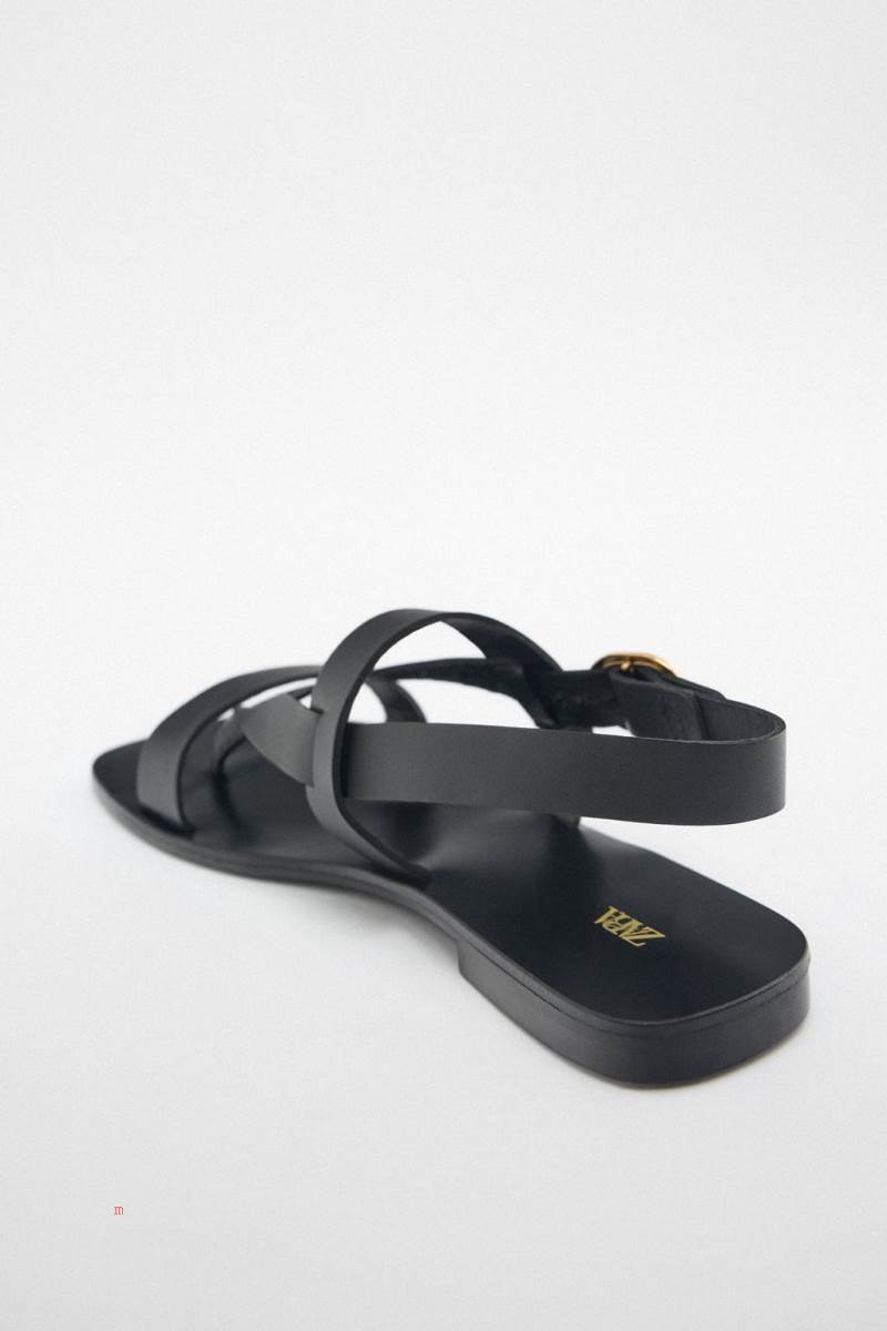 ZARA FLAT LEATHER SLIDER Sandaler Dam Svarta | REOGQ-4638