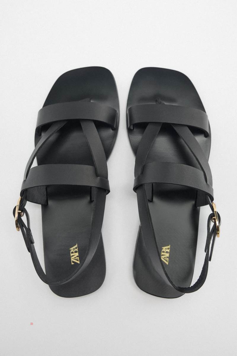 ZARA FLAT LEATHER SLIDER Sandaler Dam Svarta | REOGQ-4638