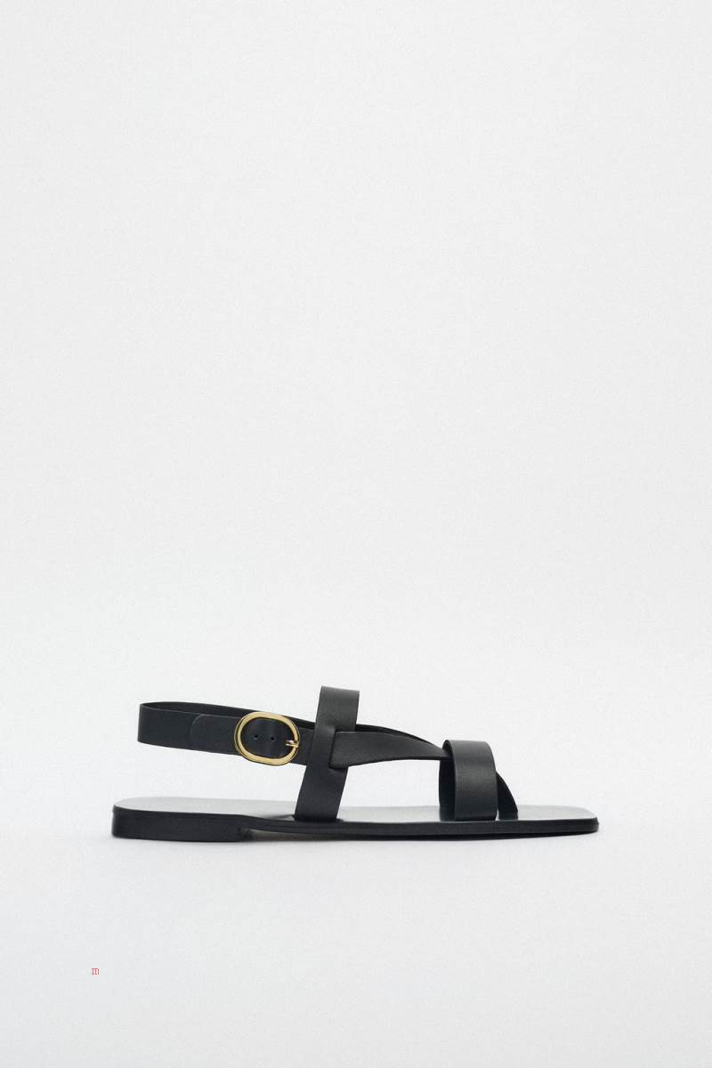 ZARA FLAT LEATHER SLIDER Sandaler Dam Svarta | REOGQ-4638