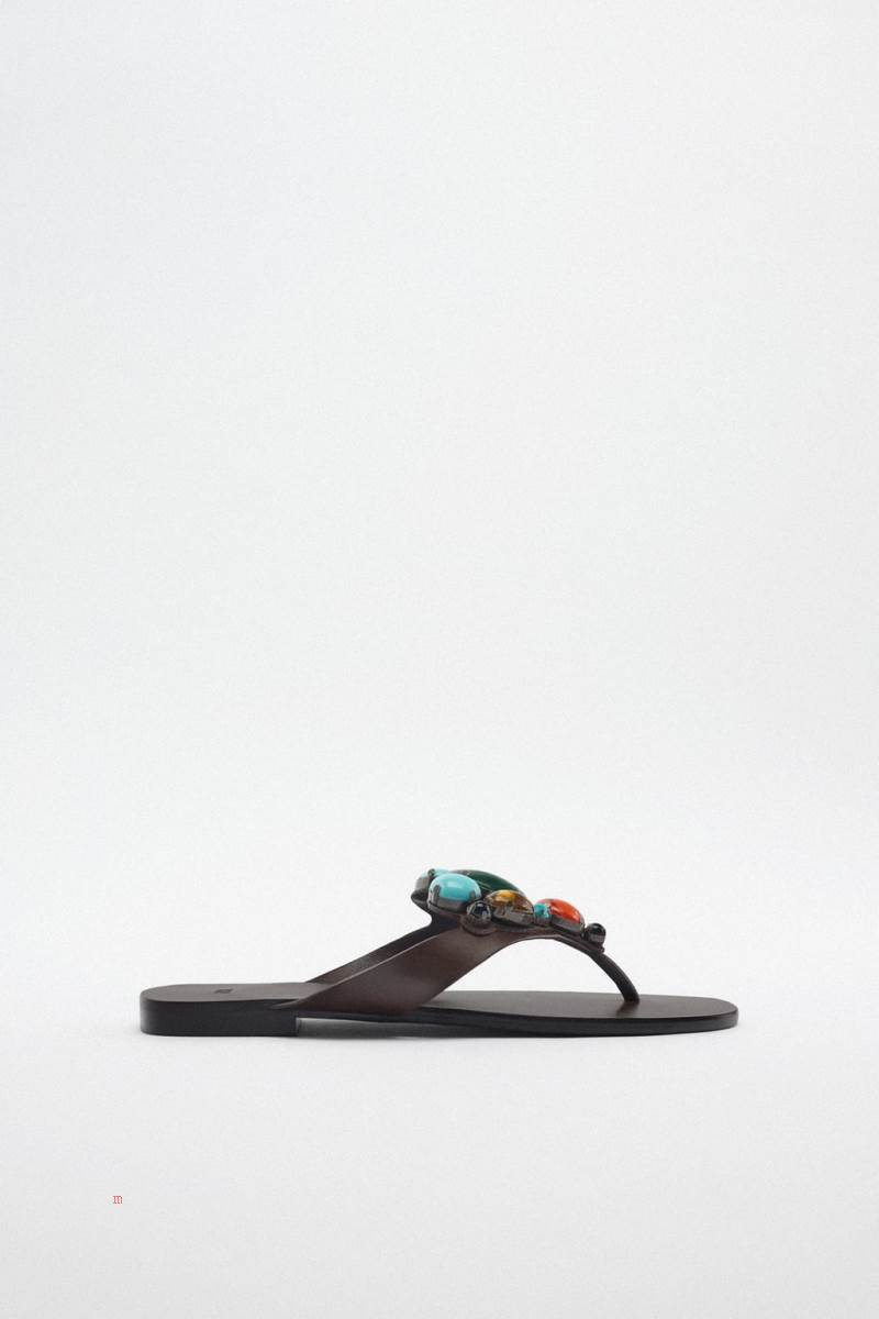 ZARA FLAT LEATHER SLIDER WITH STONE BEADS Sandaler Dam Bruna | HXSCN-6405