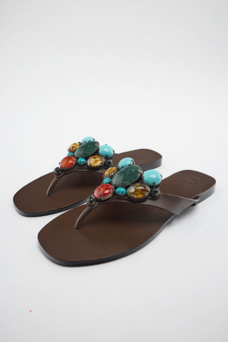 ZARA FLAT LEATHER SLIDER WITH STONE BEADS Sandaler Dam Bruna | HXSCN-6405
