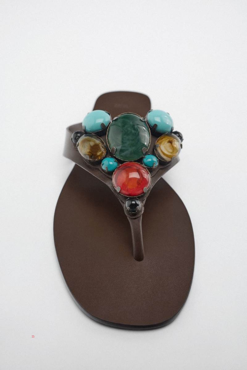 ZARA FLAT LEATHER SLIDER WITH STONE BEADS Sandaler Dam Bruna | HXSCN-6405